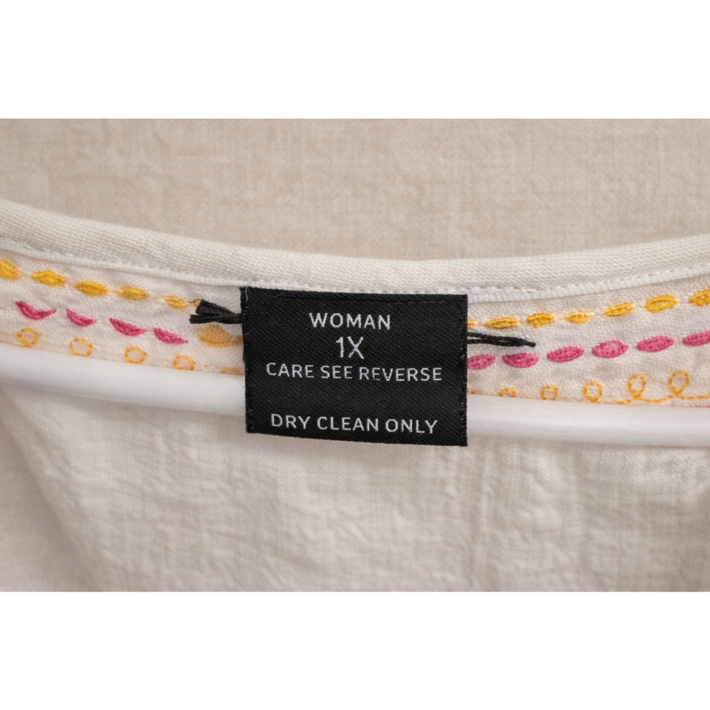 Carole Little 1X White Linen Embroidered Tunic Top Boho Side Slits - Picture 10 of 12